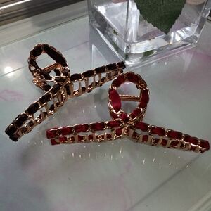 Elegant Gold Tone Chain Hair Clip Brown or Red Claw Clip Fabric Weave (1)